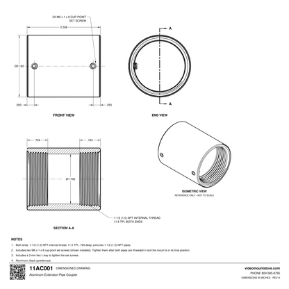 11AC001 coupler dimensioned drawing: 2.558 inches long, 2.160 inch outside diameter, 1-1/2 (1.5) inch NPT internal threads both ends, two M6 set screws