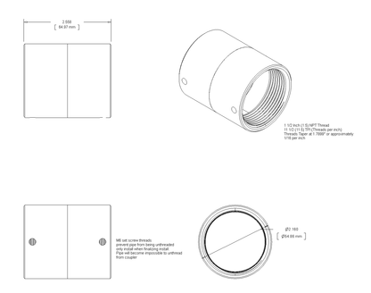 11AC001 coupler dimensioned drawing: 2.558 inch length, 2.160 inch inside diameter, 1-1/2 inch NPT female threads at 11.5 TPI, with two M6 set screws