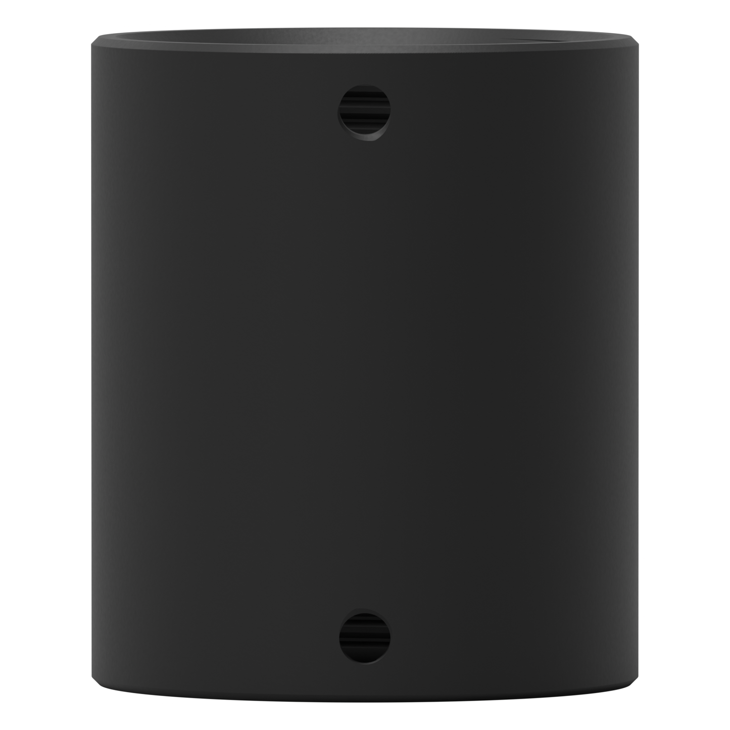 Matte black 1-1/2 inch NPT pipe coupling seen head-on, with both set-screw holes facing the camera and their tapped threads visible.