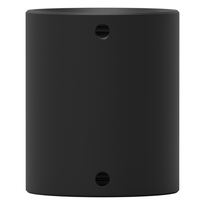 Matte black 1-1/2 inch NPT pipe coupling seen head-on, with both set-screw holes facing the camera and their tapped threads visible.