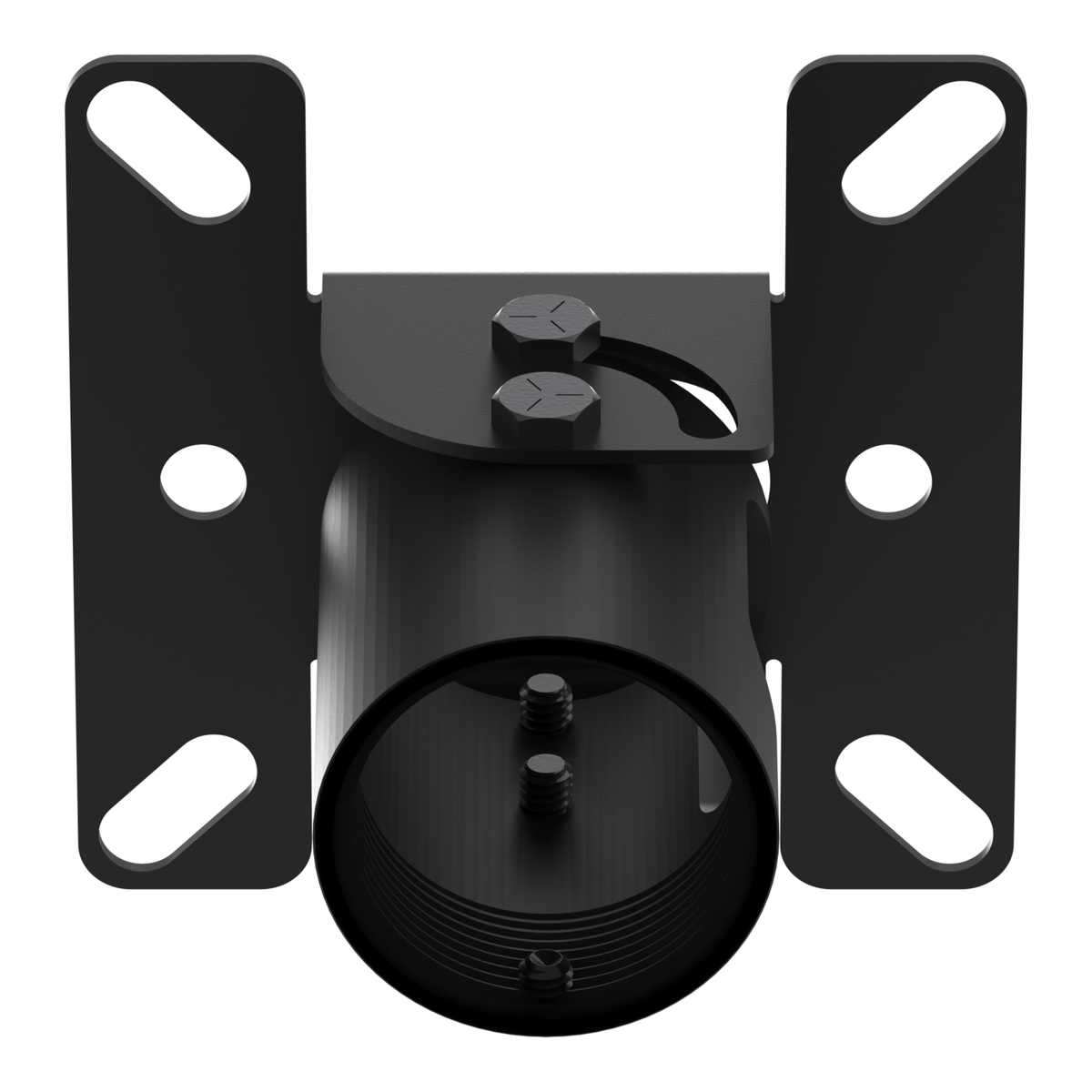11AC005 angled ceiling plate seen from below at an angle, looking up into the pipe socket, with the tilt yoke bolts and the slotted plate around it.