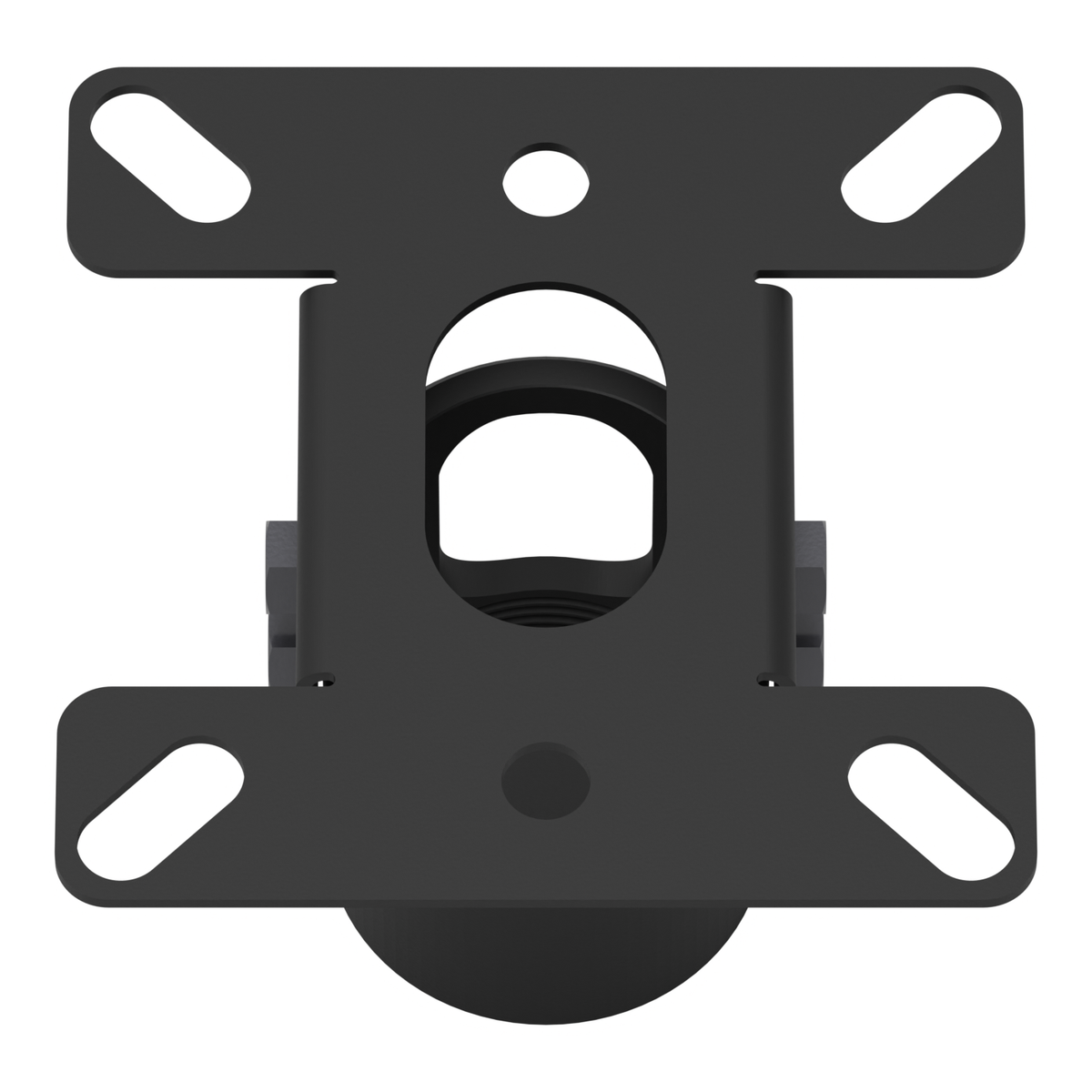 11AC005 angled ceiling plate seen from above at an angle, showing the ceiling side of the plate, its slotted and round mounting holes and the socket opening.