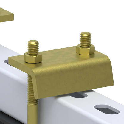 11BC001 beam clamp close-up: one yellow-zinc clamp body with hex nuts on its U-bolt studs gripping the galvanized strut channel.