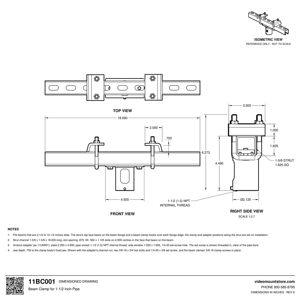 11BC001 beam clamp dimensioned drawing: 18 inch long 1-5/8 inch strut with two beam clamps and a Unistrut adapter, 1-1/2 (1.5) inch NPT pipe socket 4.495 inches below the strut, fits beams 2-1/2 to 14-1/2 inches wide