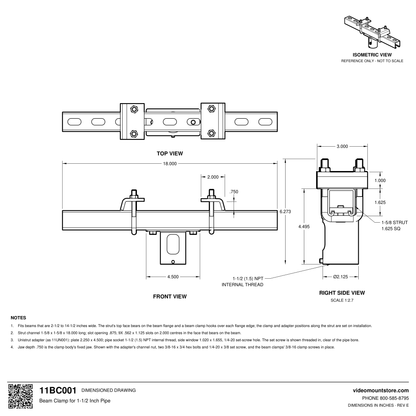 11BC001 beam clamp dimensioned drawing: 18 inch long 1-5/8 inch strut with two beam clamps and a Unistrut adapter, 1-1/2 (1.5) inch NPT pipe socket 4.495 inches below the strut, fits beams 2-1/2 to 14-1/2 inches wide