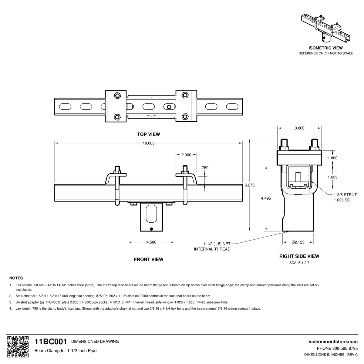 11BC001 beam clamp dimensioned drawing: 18 inch long 1-5/8 inch strut with two beam clamps and a Unistrut adapter, 1-1/2 (1.5) inch NPT pipe socket 4.495 inches below the strut, fits beams 2-1/2 to 14-1/2 inches wide