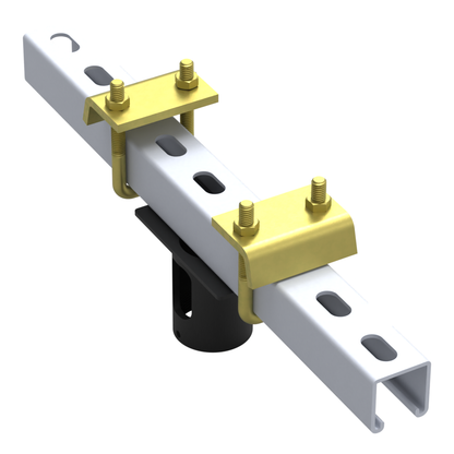 11BC001 beam clamp for 1-1/2 inch pipe, left three-quarter view of the strut channel, two yellow-zinc beam clamps and hanging pipe socket.