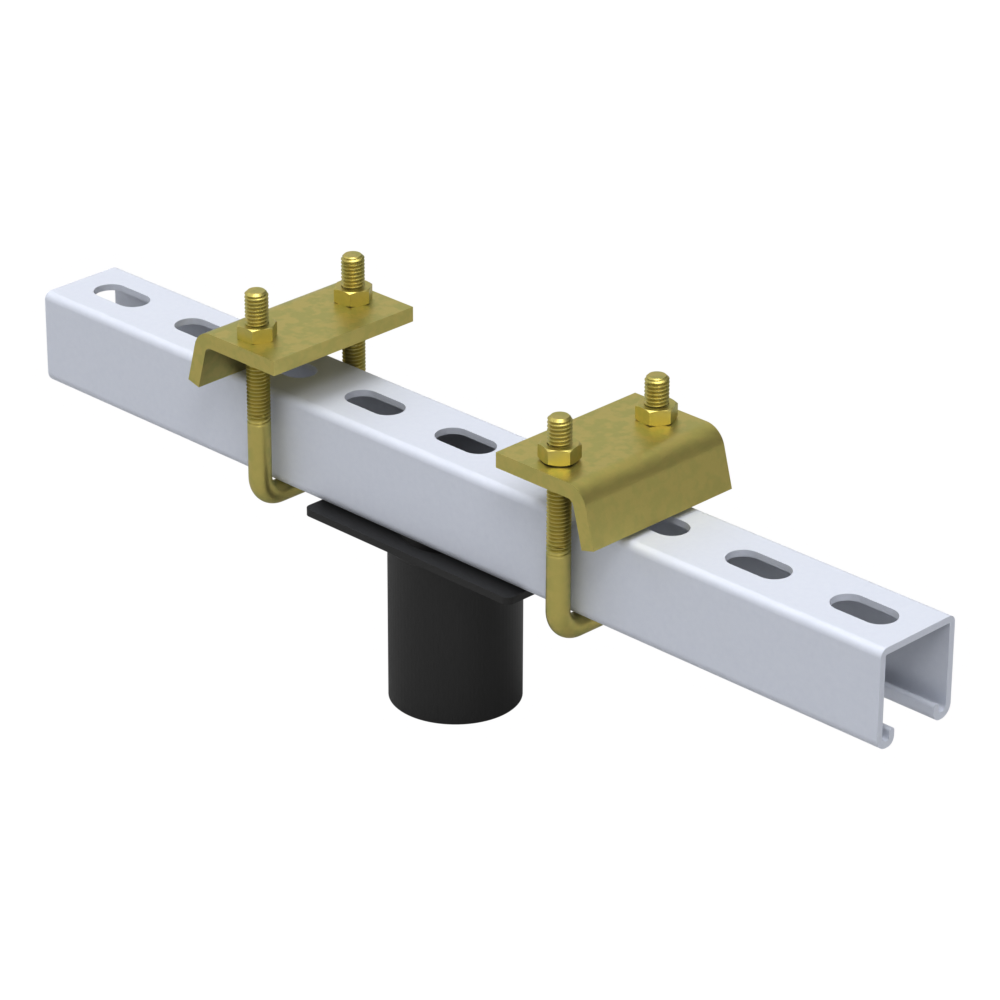 11BC001 beam clamp, side three-quarter view showing how the two yellow-zinc clamps grip the strut channel above the pipe socket.