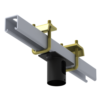 11BC001 beam clamp from below, showing the strut channel underside, U-bolt clamp hooks and the 1-1/2 inch NPT pipe socket bore.
