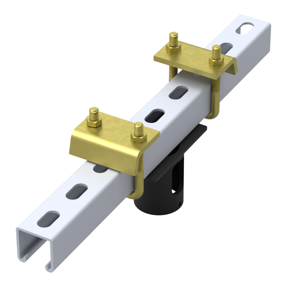 Beam clamp for 1-1/2 inch pipe: yellow zinc beam clamps holding an 18 inch electro galvanized strut channel with a black pipe socket beneath.