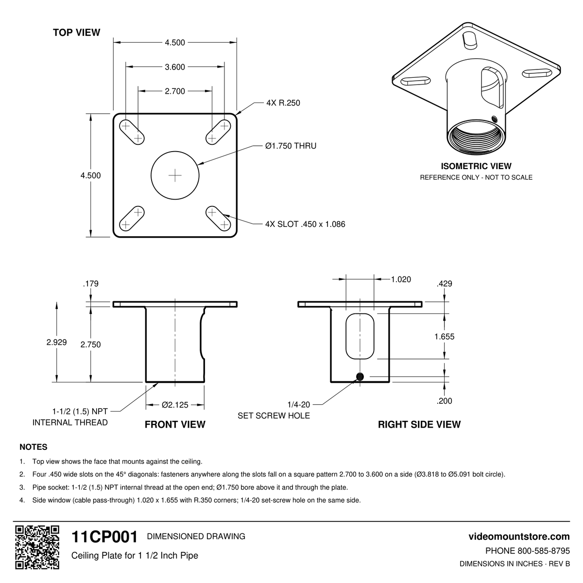 11CP001 ceiling plate dimensioned drawing: 4.500 inch square plate with four diagonal slots, 1-1/2 (1.5) inch NPT pipe socket 2.929 inches below the ceiling with a side cable window and 1/4-20 set screw
