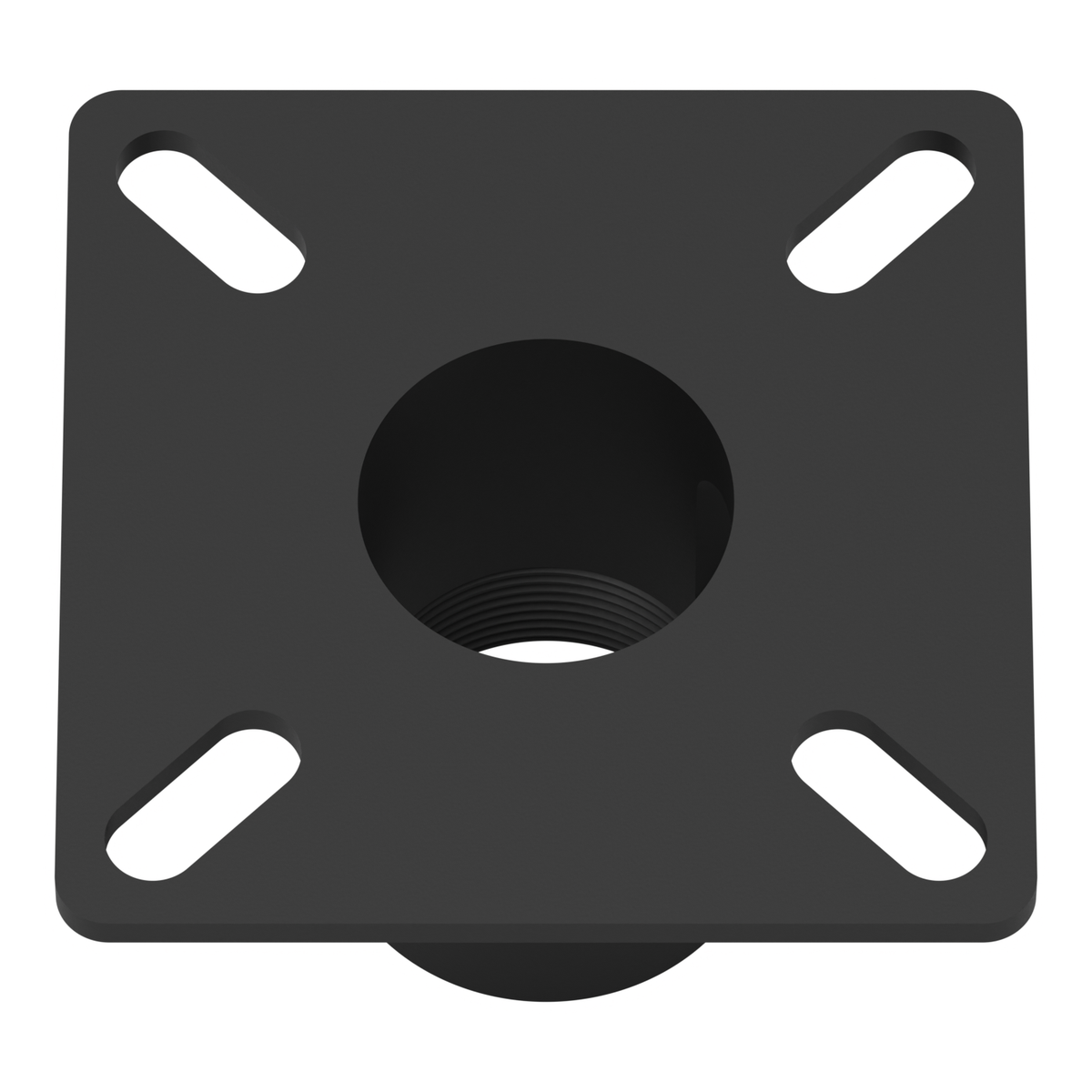 11CP001 ceiling plate seen from above at an angle, showing the flat ceiling side of the square plate, its four slotted mounting holes and the center bore.