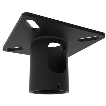11CP001 ceiling plate at an angle, square plate with slotted bolt holes above a 1-1/2 inch pipe collar with an oval cable pass opening in its side