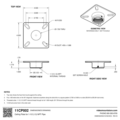 11CP002 ceiling plate dimensioned drawing: 4.500 inch square plate with four diagonal slots and a 1.000 inch tall 1-1/2 (1.5) inch NPT threaded collar with a 1/4-20 set screw