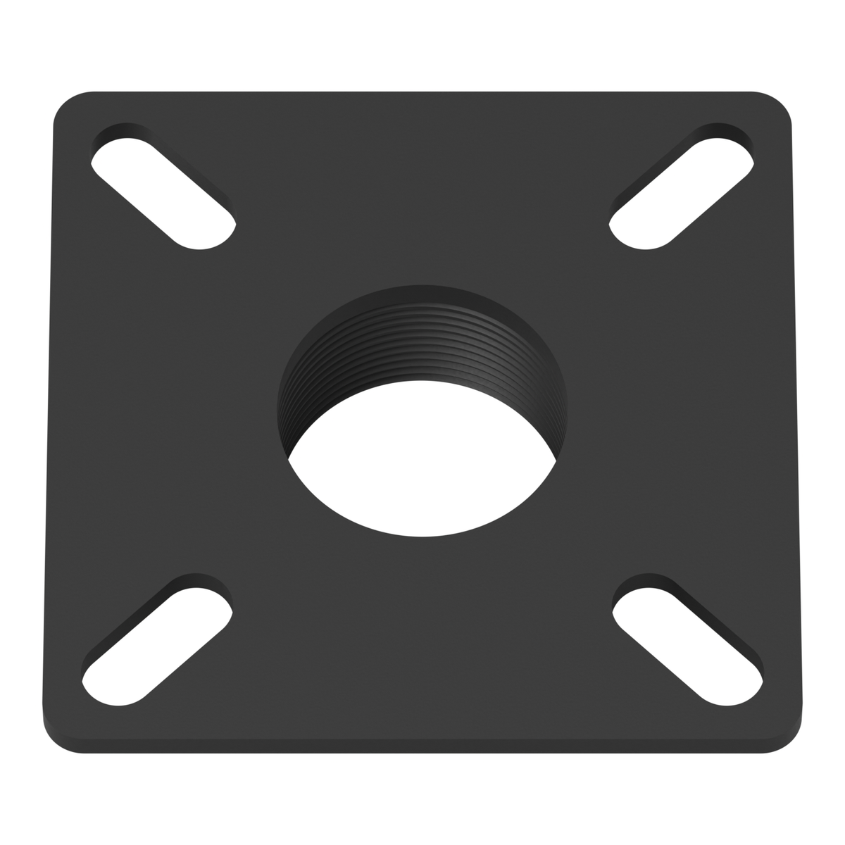11CP002 ceiling plate seen from above at an angle, showing the flat ceiling side of the square plate, its four slotted mounting holes and the center bore.