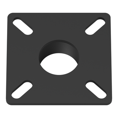 11CP002 ceiling plate seen from above at an angle, showing the flat ceiling side of the square plate, its four slotted mounting holes and the center bore.