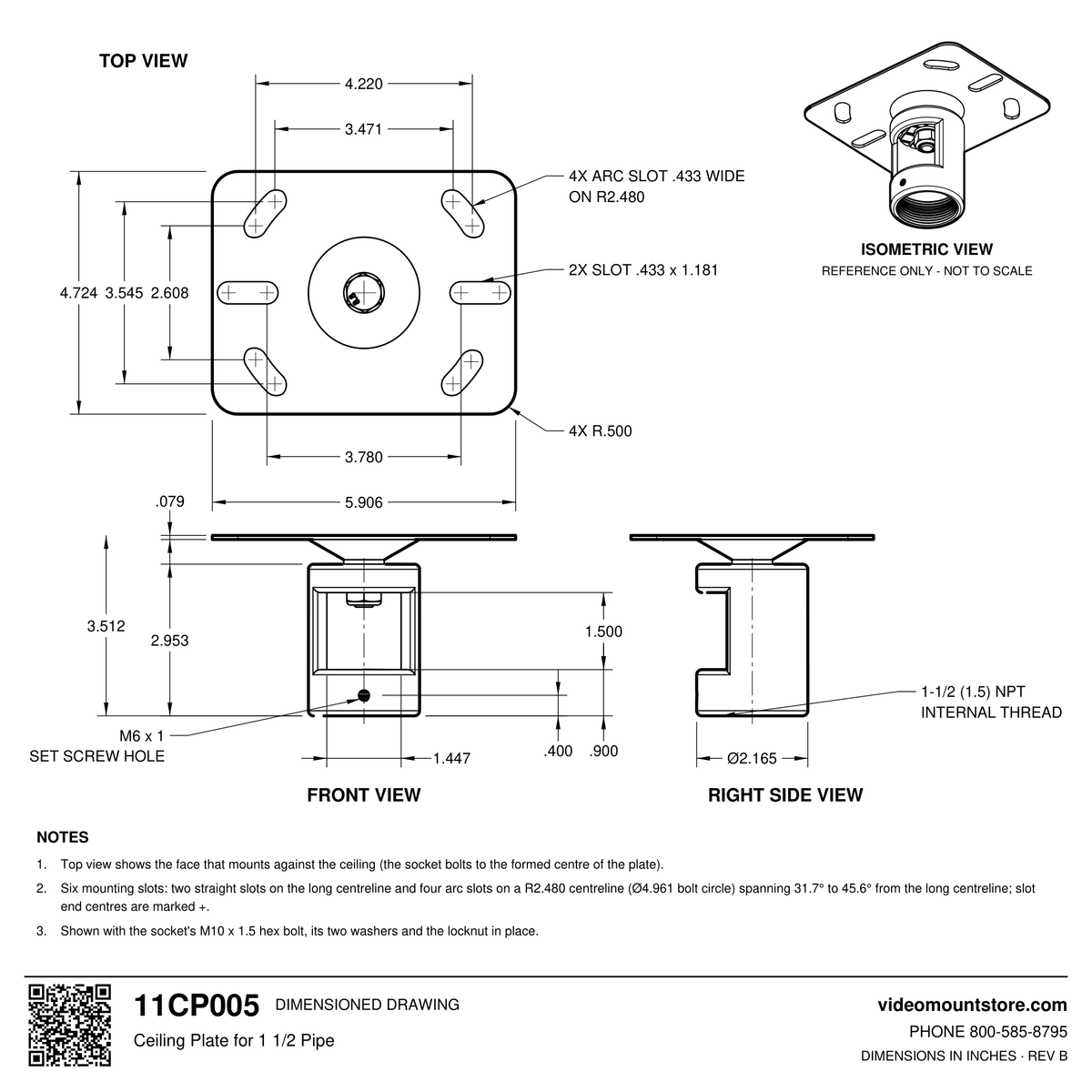 11CP005 ceiling plate dimensioned drawing: 5.906 by 4.724 inch plate with two straight and four arc mounting slots, 1-1/2 (1.5) inch NPT pipe socket 3.512 inches below the ceiling, M6 set screw