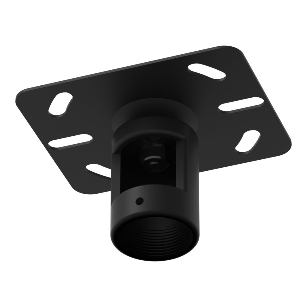11CP005 fixed pole mount seen from below at a three-quarter angle, showing the slotted plate and the bolted pole socket.