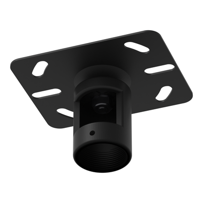 11CP005 fixed pole mount seen from below at a three-quarter angle, showing the slotted plate and the bolted pole socket.