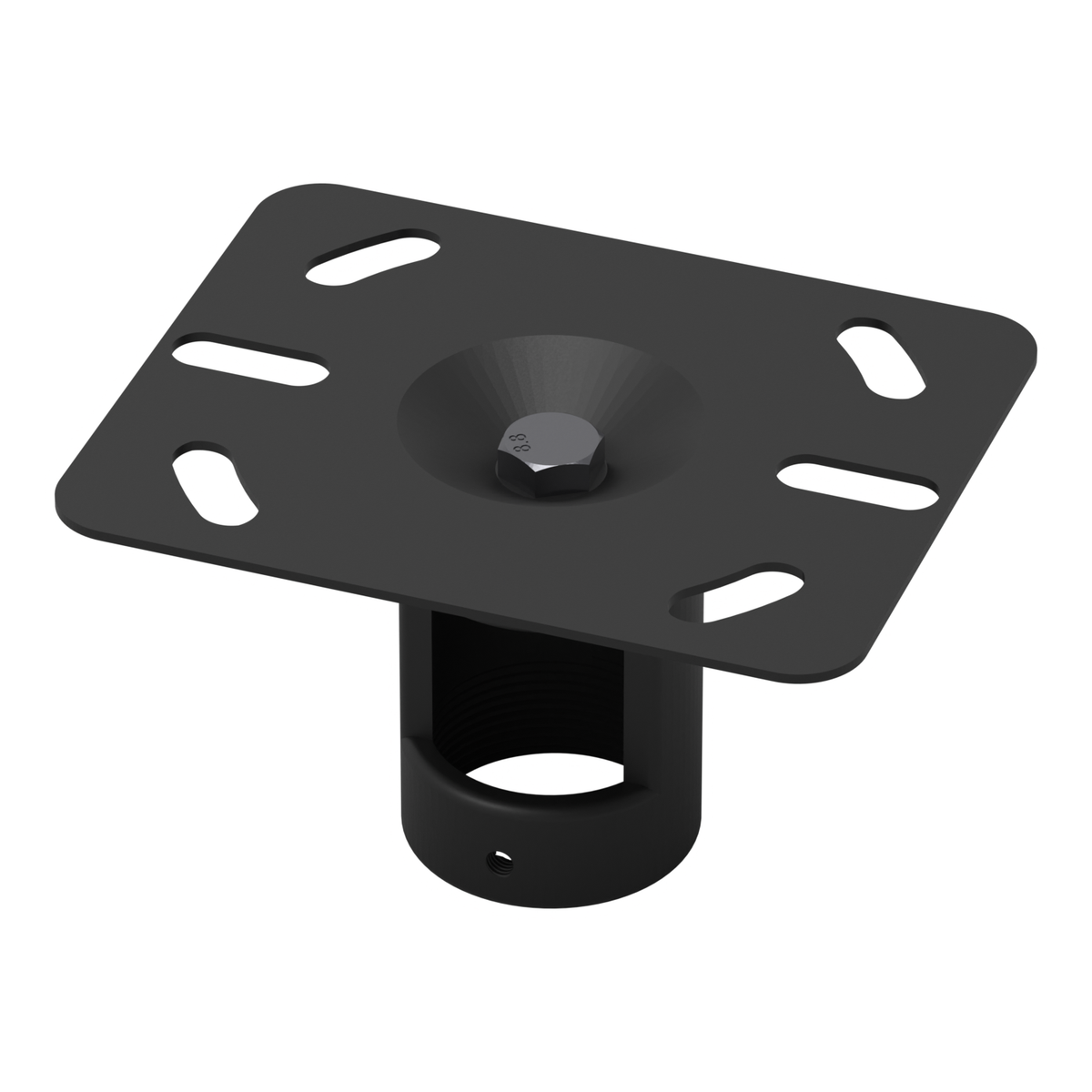 11CP005 ceiling plate seen from above at a three-quarter angle, showing the slotted plate, the bolt head in its center recess and the pipe socket below.