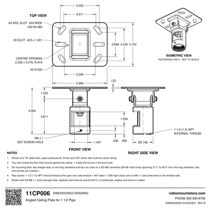 11CP006 angled ceiling plate dimensioned drawing: 5.906 by 4.724 inch slotted plate, pivoting 1-1/2 (1.5) inch NPT pipe socket 5.063 inches below the ceiling, pivots up to 83 degrees either side of plumb