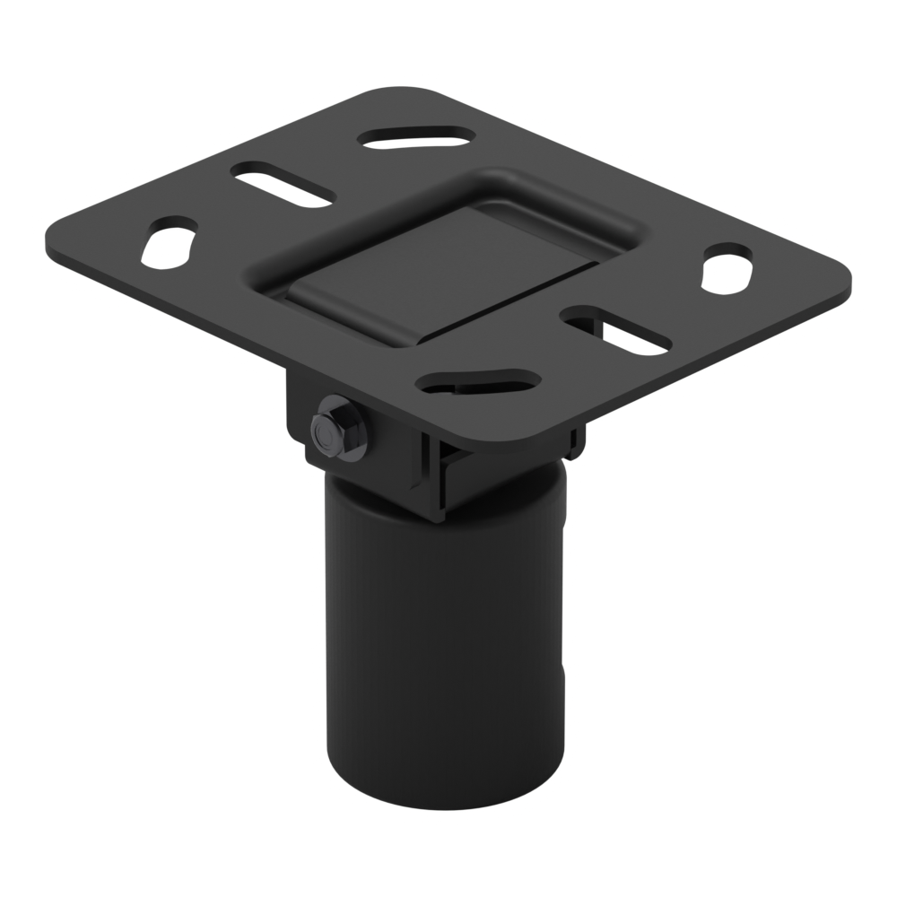 11CP006 tilting pole mount at a three-quarter angle, showing the slotted mounting plate, tilt yoke and 1-3/4 in pole socket.