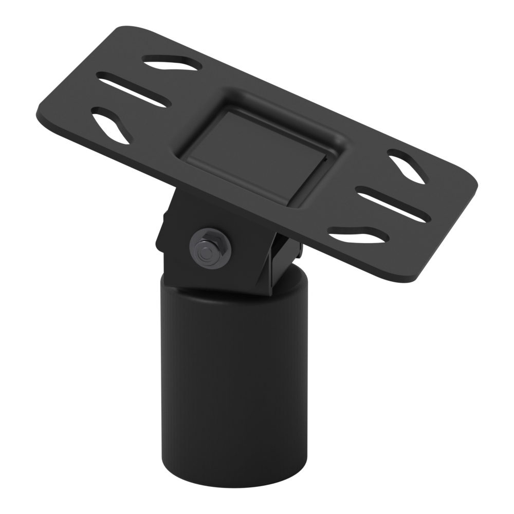 11CP006 tilting pole mount with the yoke tilted 20 degrees, showing how the pole socket pivots on the mounting plate.