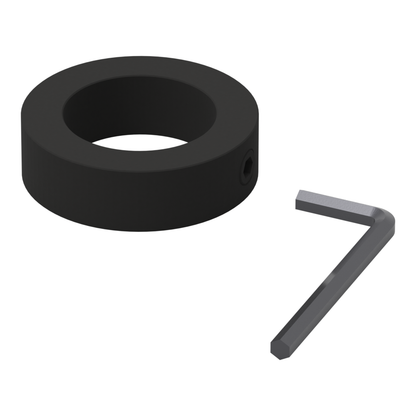Shaft collar for 1-1/2 inch pipe mounts, black phosphate finish, wider three-quarter view, its 1/4 inch hex L-key laid in front of the set screw.