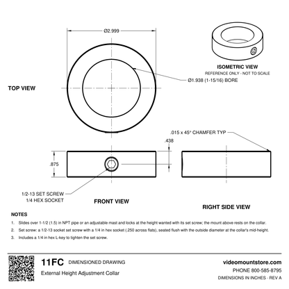 11FC height adjustment collar dimensioned drawing: 2.999 inch OD, 1.938 inch bore, 0.875 inch tall, 1/2-13 set screw with 1/4 inch hex socket