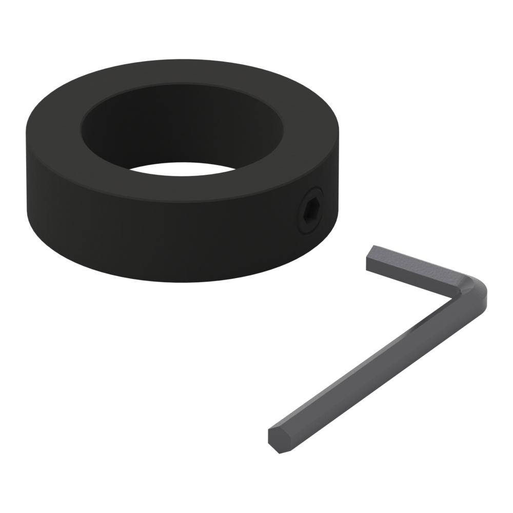 Shaft collar for 1-1/2 inch pipe mounts, black phosphate finish, three-quarter view with its 1/4 inch hex L-key laid in front of the set screw.