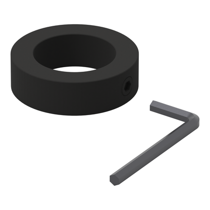 Shaft collar for 1-1/2 inch pipe mounts, black phosphate finish, three-quarter view with its 1/4 inch hex L-key laid in front of the set screw.