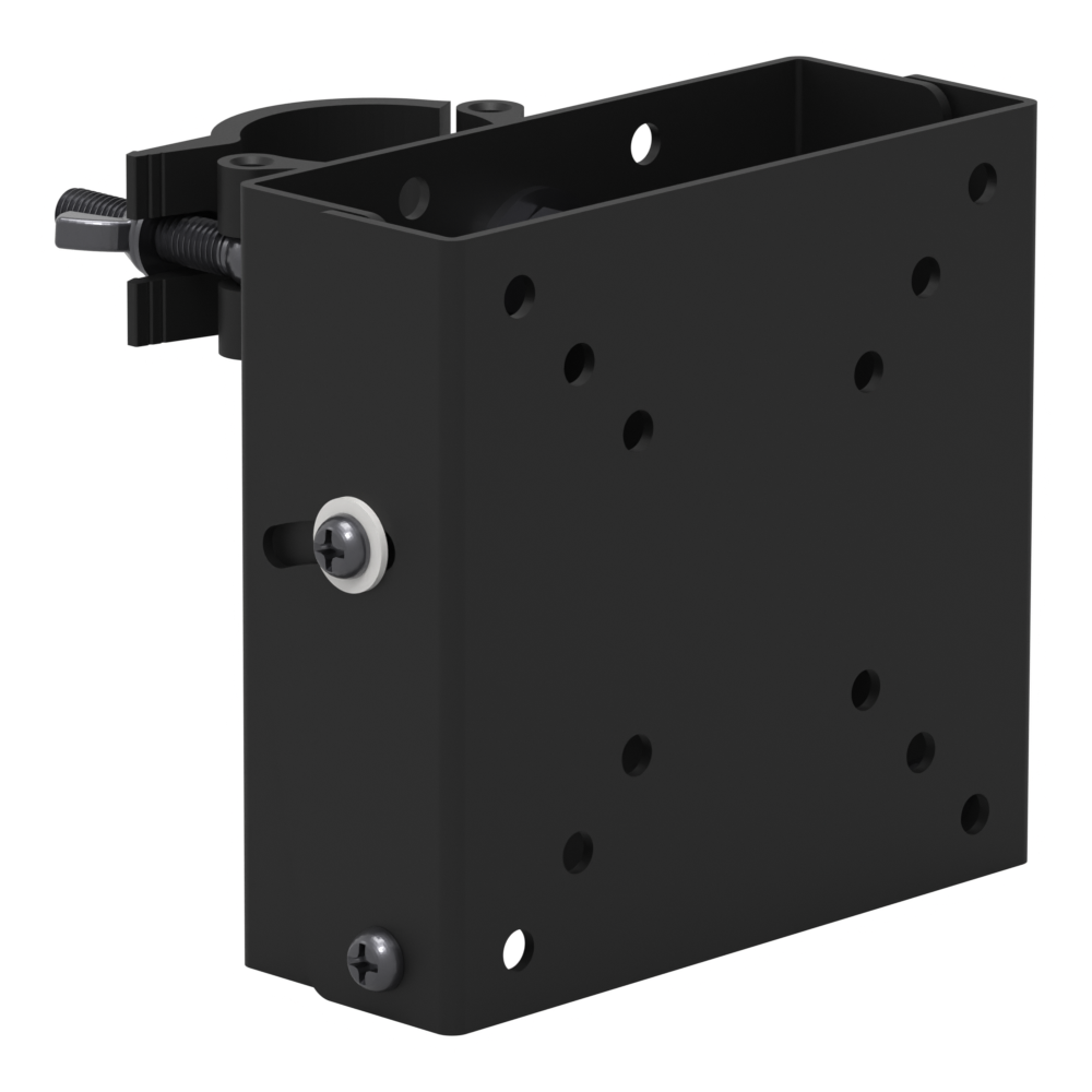 Small TV truss mount at a three-quarter angle, showing the VESA mounting face, the pipe clamp above it and the white plastic washer on the tilt screw.