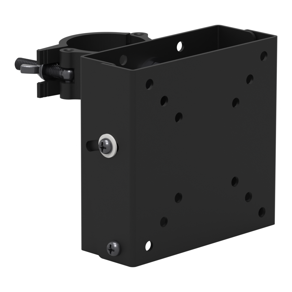 Small TV truss mount at a three-quarter angle, showing the VESA mounting face, the pipe clamp above it and the white plastic washer on the tilt screw.