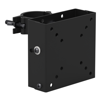 Small TV truss mount at a three-quarter angle, showing the VESA mounting face, the pipe clamp above it and the white plastic washer on the tilt screw.