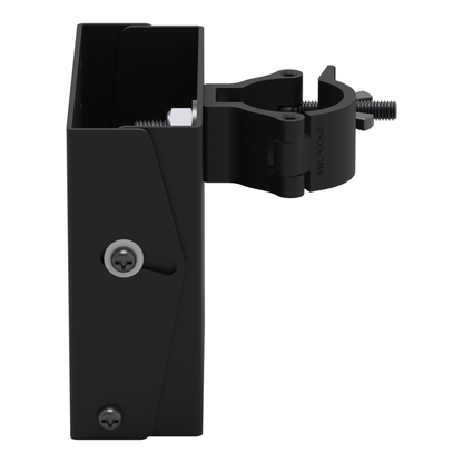 Close view of the pipe clamp on the small TV truss mount, showing the hinged ring, the wing screw and the threaded rod that tightens it onto the pipe.