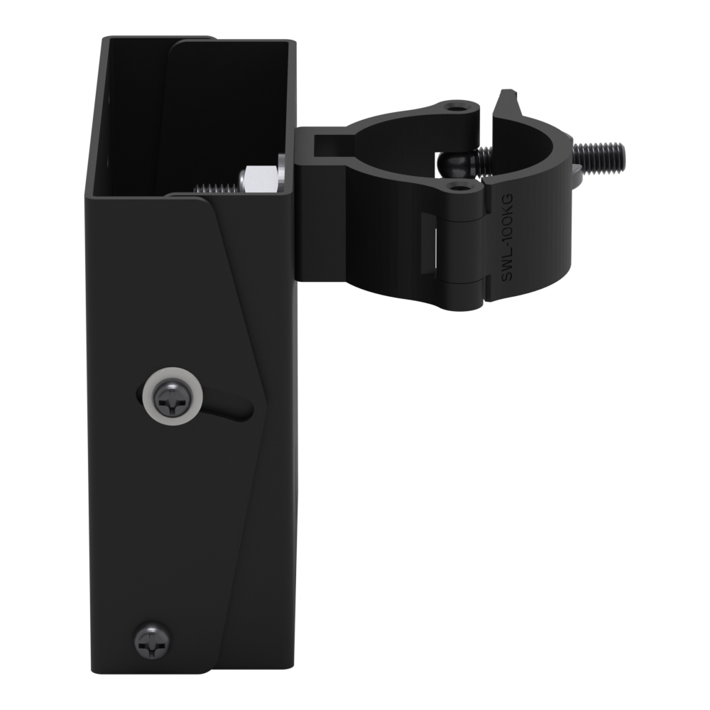 Close view of the truss clamp on the small TV truss mount, showing the hinged jaw, the wing screw and the threaded rod that tightens it onto the pipe.