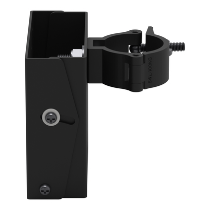 Close view of the truss clamp on the small TV truss mount, showing the hinged jaw, the wing screw and the threaded rod that tightens it onto the pipe.