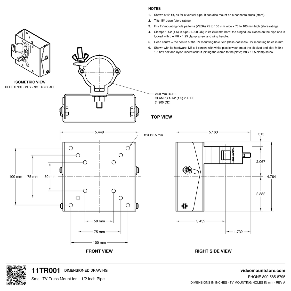 11TR001 small TV truss mount dimensioned drawing: 50 mm clamp bore for 1-1/2 (1.5) inch pipe, VESA 50, 75 and 100 mm hole patterns, 5.449 inches wide overall