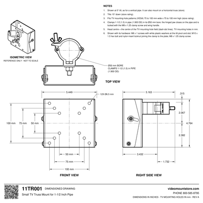 11TR001 small TV truss mount dimensioned drawing: 50 mm clamp bore for 1-1/2 (1.5) inch pipe, VESA 50, 75 and 100 mm hole patterns, 5.449 inches wide overall