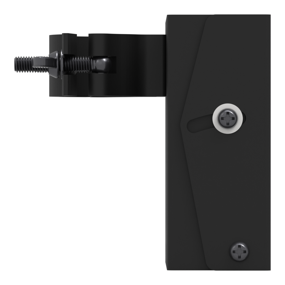 Side view of the small TV truss mount, showing how the tilting head hangs from the pipe clamp, with the arc slot and white plastic washer.