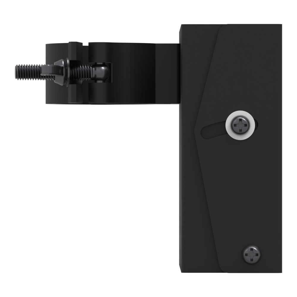 Side view of the small TV truss mount, showing how the tilting head hangs from the pipe clamp, with the arc slot and white plastic washer.