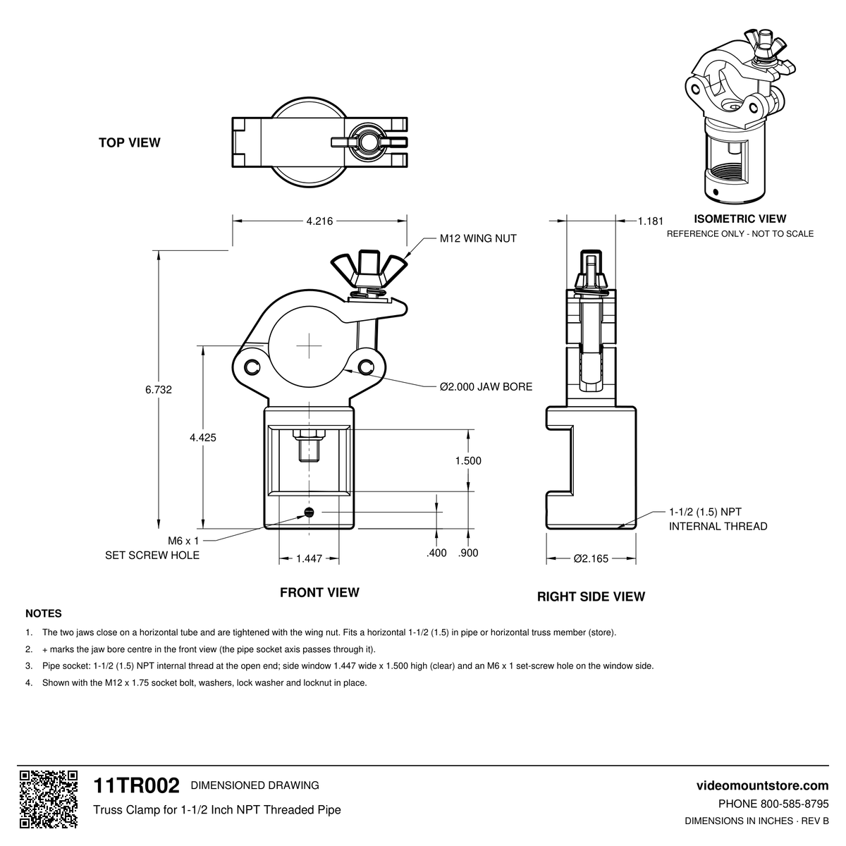 11TR002 truss clamp dimensioned drawing: 2.000 inch jaw bore with M12 wing nut, 1-1/2 (1.5) inch NPT pipe socket 4.425 inches below the jaw centre, 6.732 inches overall