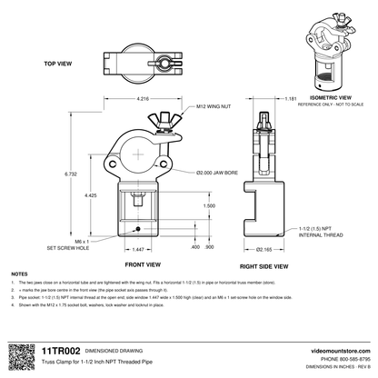 11TR002 truss clamp dimensioned drawing: 2.000 inch jaw bore with M12 wing nut, 1-1/2 (1.5) inch NPT pipe socket 4.425 inches below the jaw centre, 6.732 inches overall