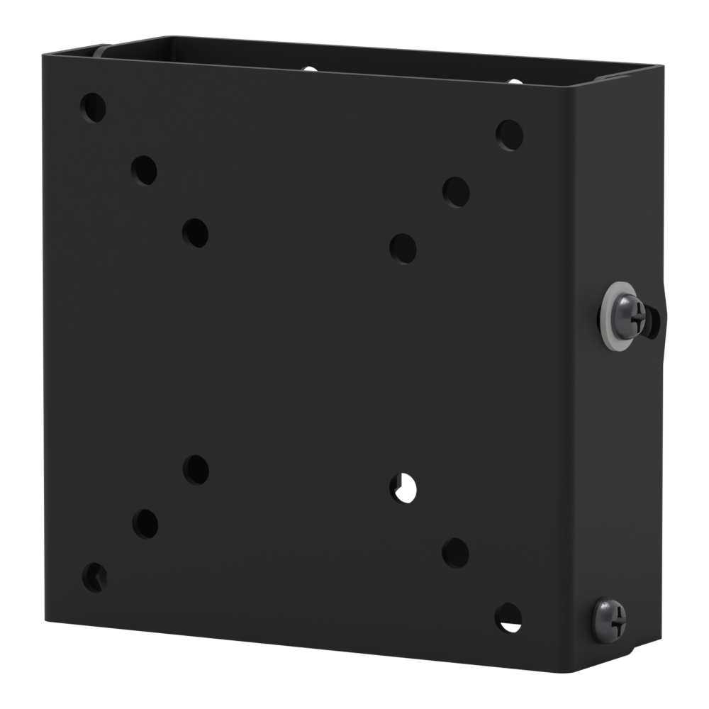 Tilting wall mount for small flat panels at a three-quarter angle, showing the VESA hole pattern and the white plastic washer on the tilt screw.