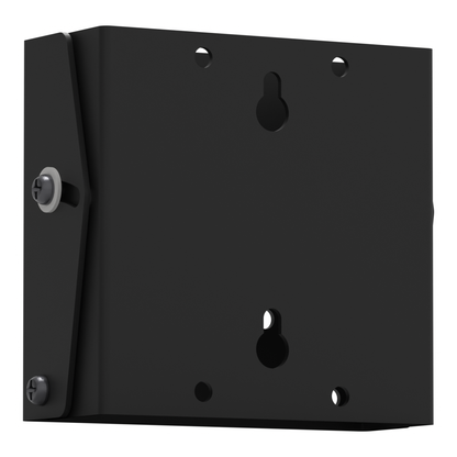 Wall side of the tilting flat-panel mount, showing the two keyhole mounting slots and the white plastic washer on the tilt screw.