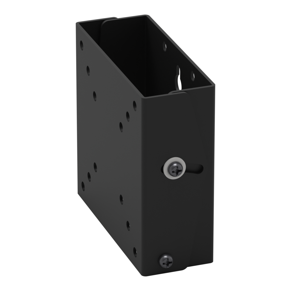 Tilting wall mount seen along its depth, showing the two nested curved plates that give the tilt, the arc slot and the white plastic washer.