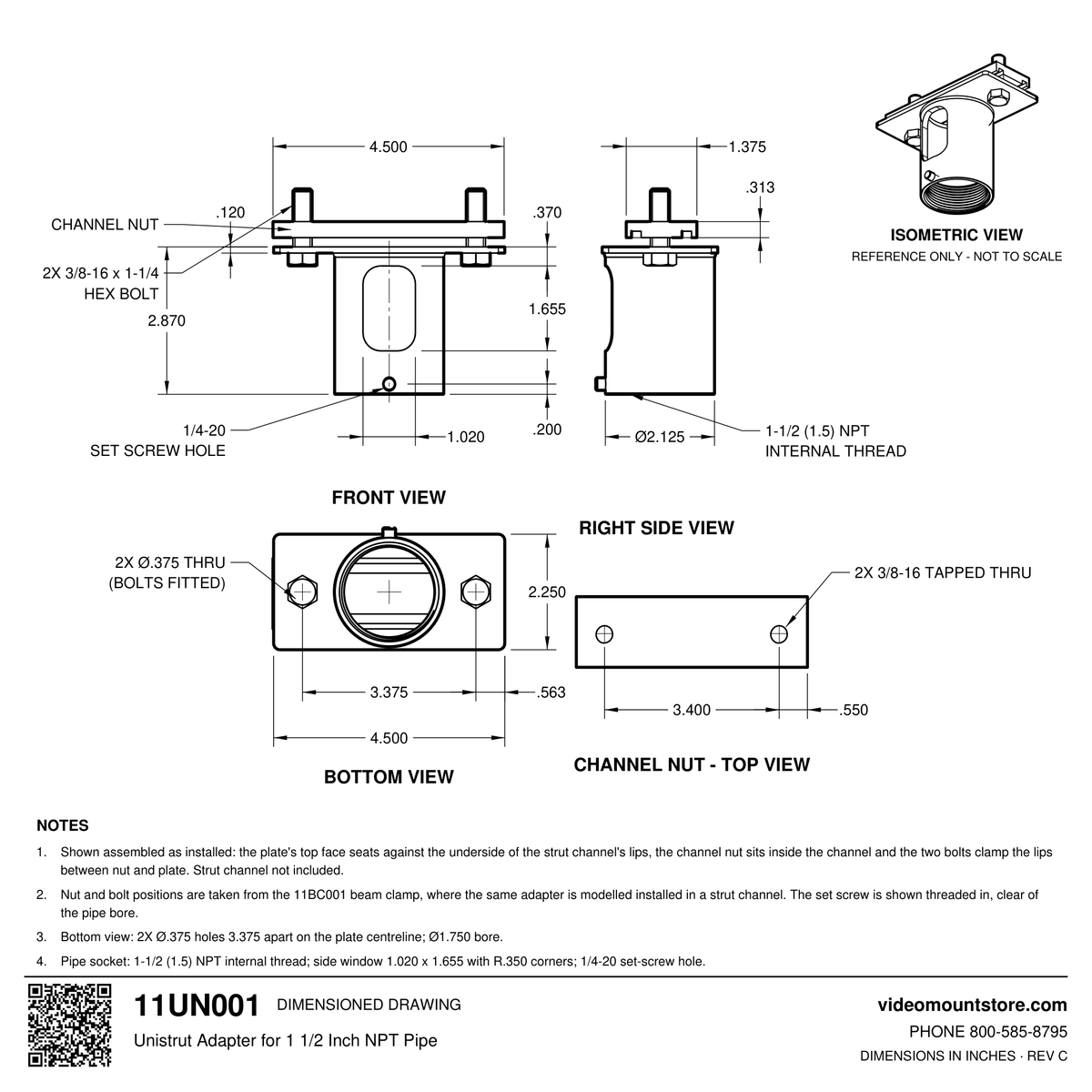 11UN001 Unistrut adapter dimensioned drawing: 4.500 by 2.250 inch plate with channel nut and two 3/8-16 by 1-1/4 hex bolts, 1-1/2 (1.5) inch NPT pipe socket 2.870 inches below the plate top