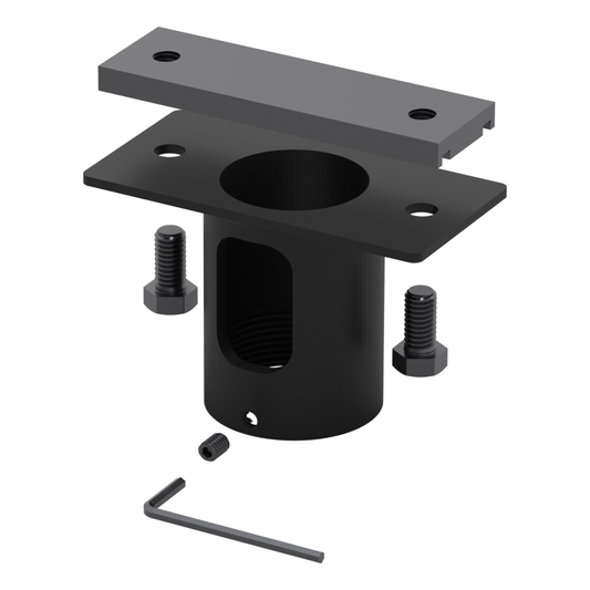 Exploded view of the 11UN001 Unistrut adapter: channel nut, plate and NPT socket, two 3/8-16 x 3/4 hex bolts, set screw and hex key.