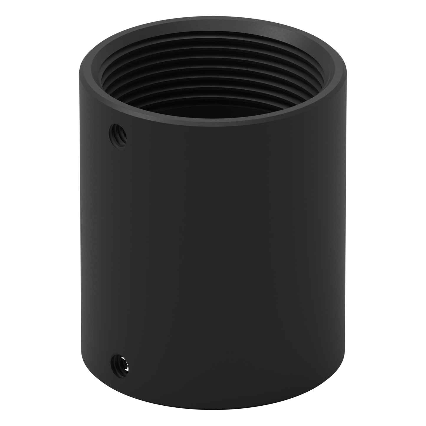 Matte black 1-1/2 inch NPT pipe coupling at a three-quarter angle, showing the threaded bore and a set-screw hole.