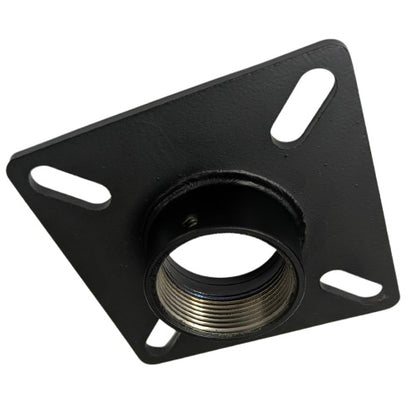 Ceiling plate for 1-1/2 inch NPT pipe, angled view of the square black plate with four slotted bolt holes and a center threaded collar